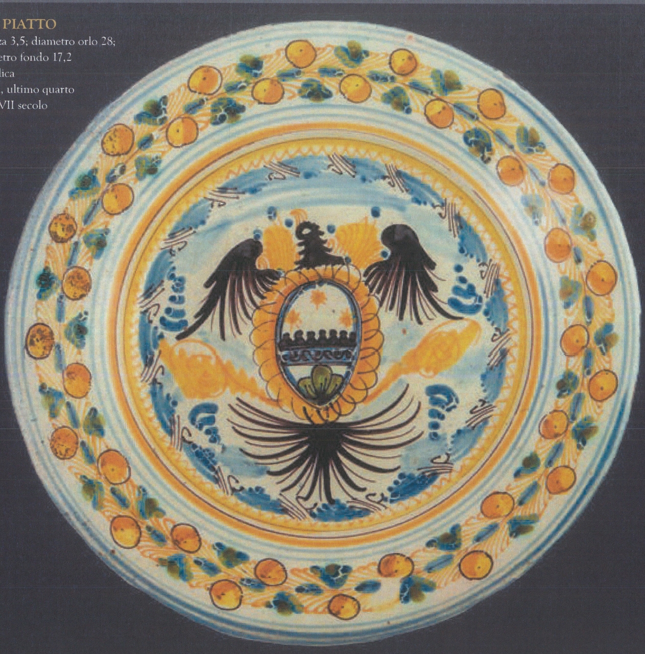 aquila araldica con motivi decorativi geometrici e vegetali (piatto, opera isolata) - bottega di Vietri (ultimo quarto XVII)