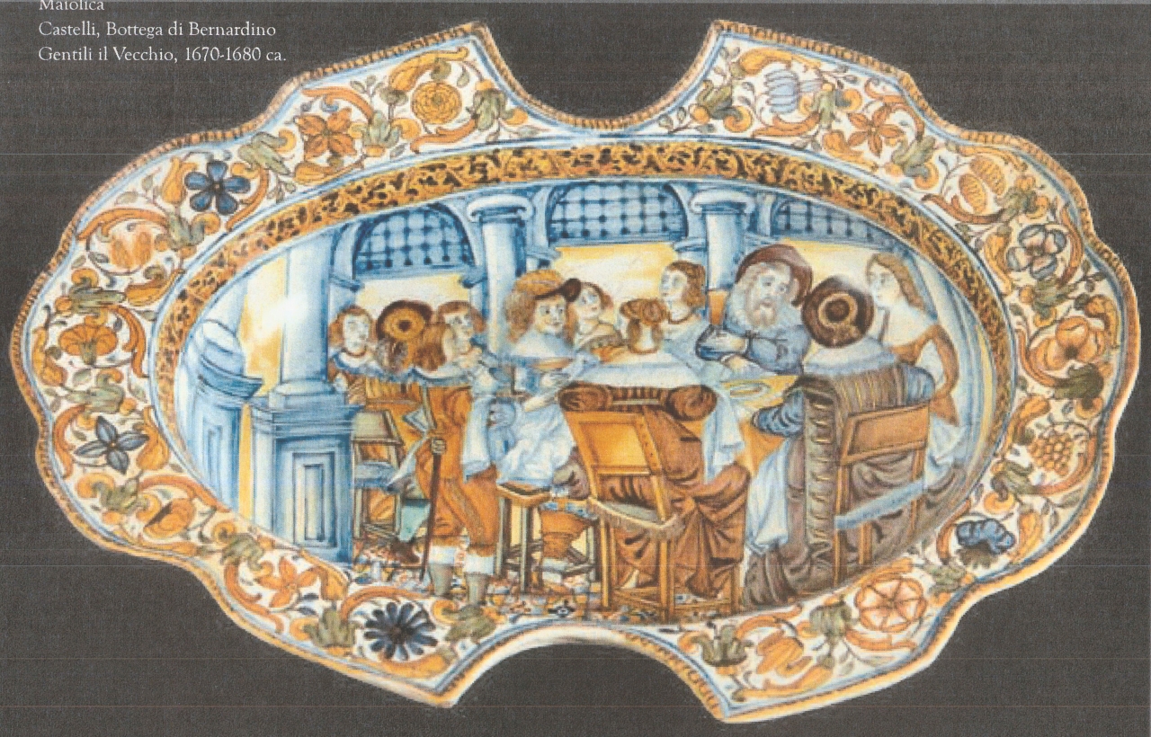 Ritorno del figliol prodigo con motivi decorativi geometrici e vegetali (bacile da barbiere, opera isolata) di Gentili Berardino il Vecchio (bottega) (seconda metà XVII)