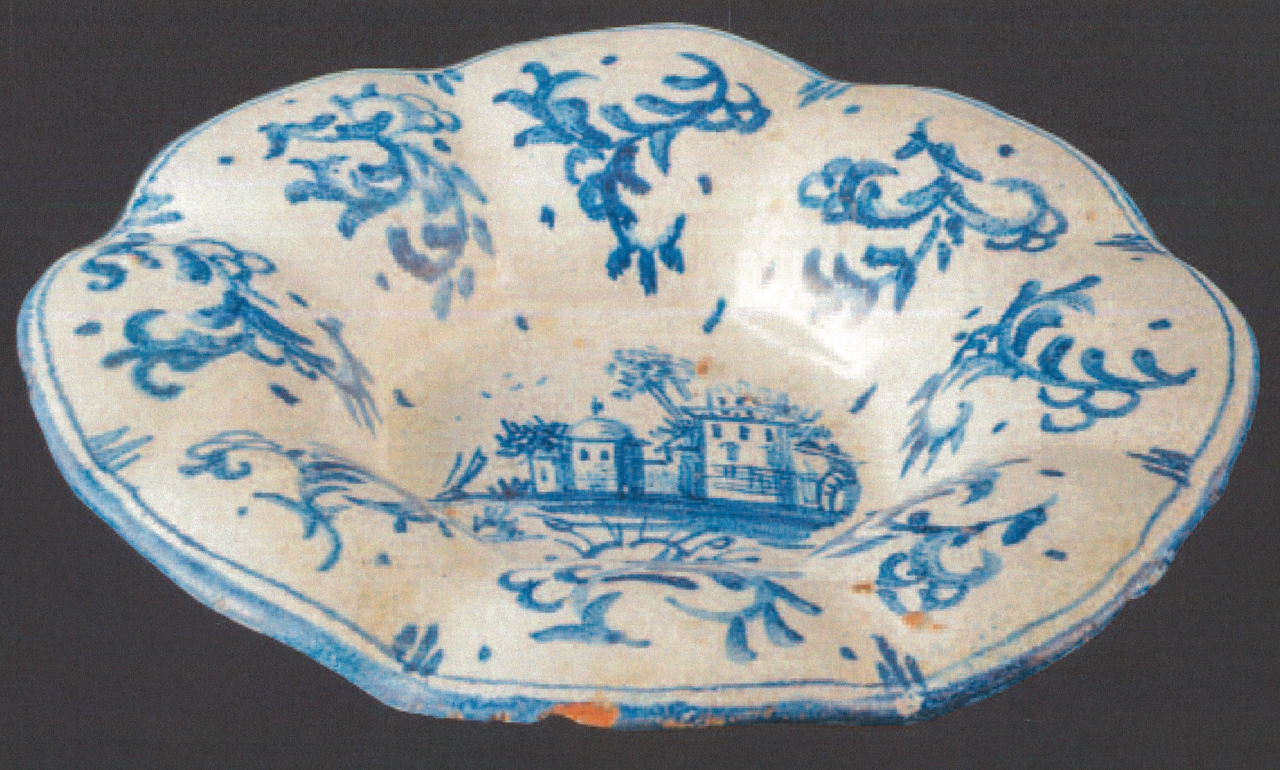 paesaggio fluviale con motivi decorativi geometrici e vegetali (crespina, opera isolata) - ambito Italia centrale (XVIII)