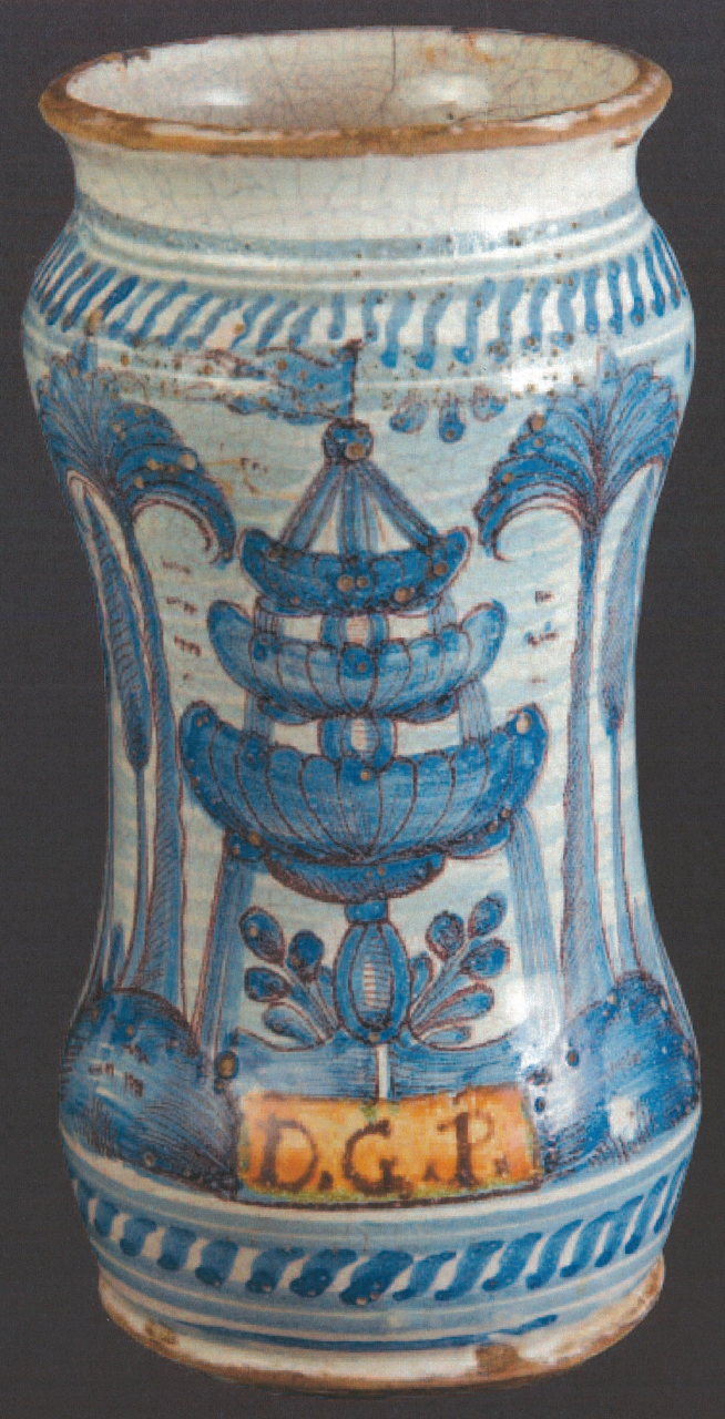 paesaggio con motivi decorativi geometrici e vegetali (alberello, opera isolata) - manifattura di Laterza (XVIII)