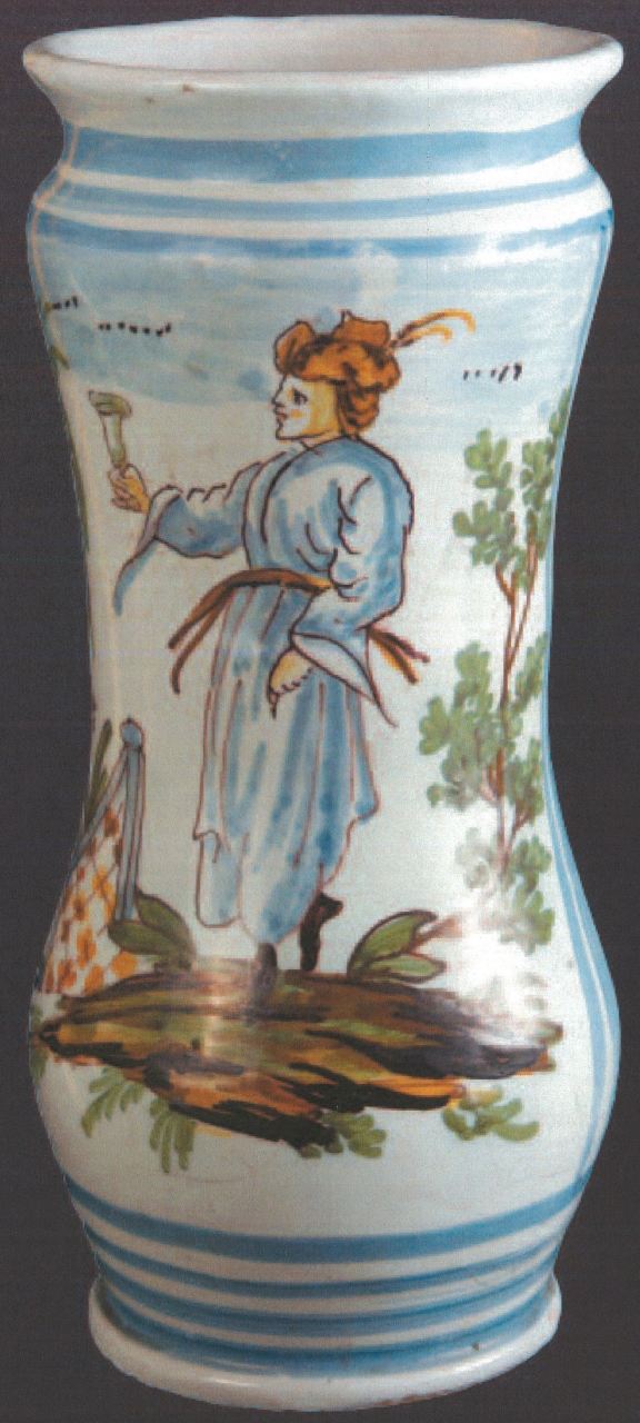 figura maschile con calice e motivi decorativi geometrici (alberello, opera isolata) - ambito napoletano (metà XVIII)