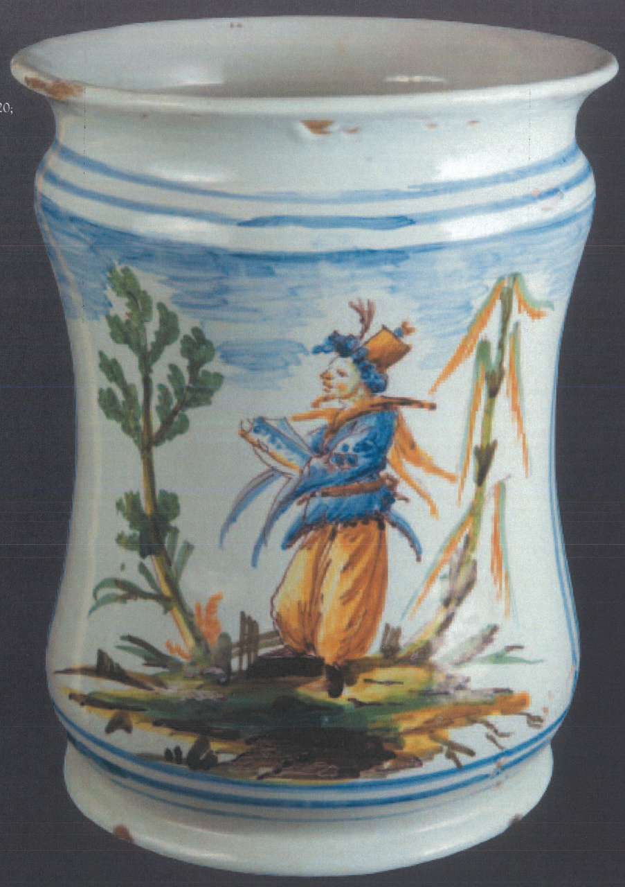 figura maschile con pergamena e motivi decorativi geometrici (alberello, opera isolata) - ambito napoletano (metà XVIII)