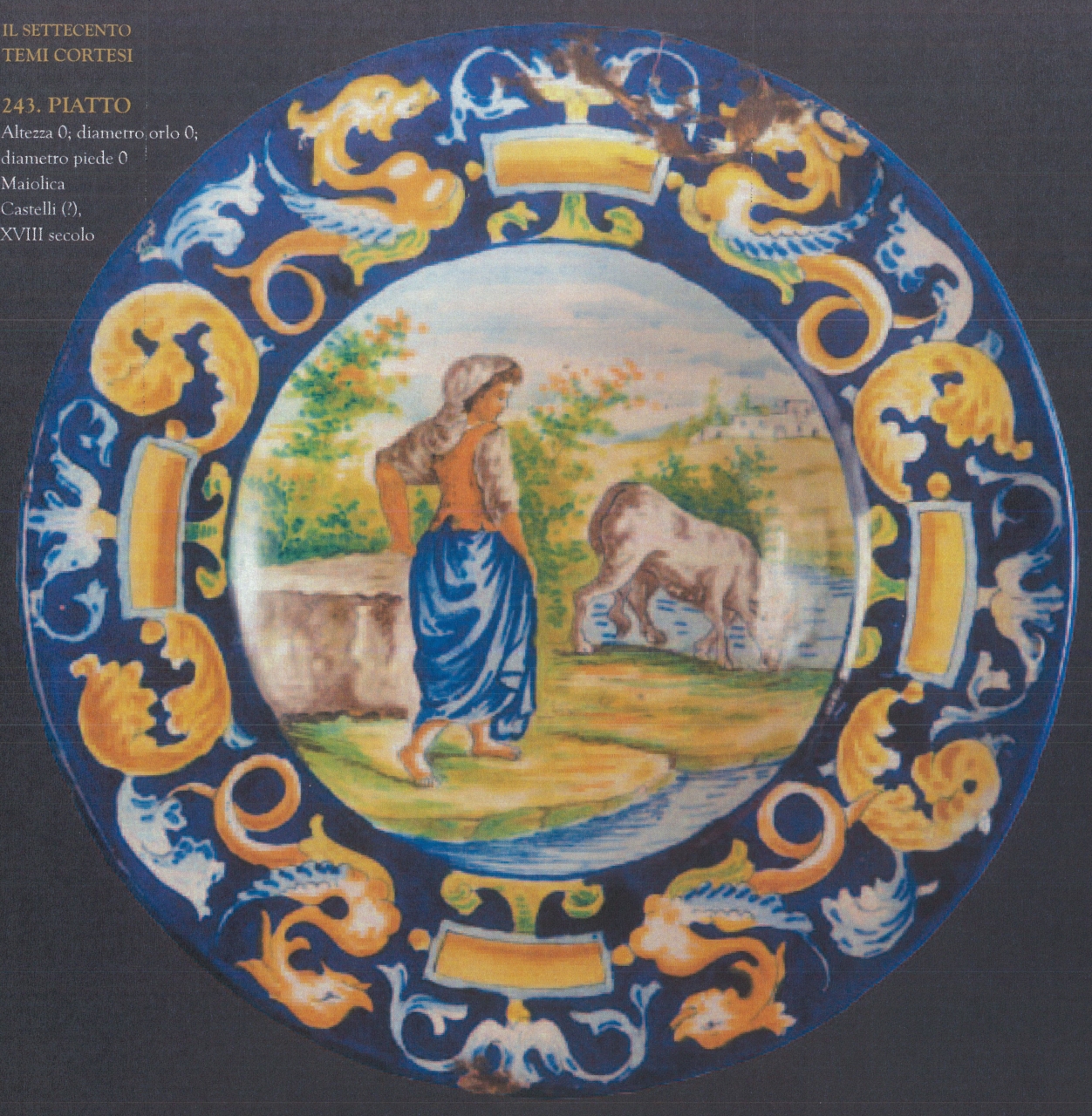 scena agreste con motivi decorativi geometrici e vegetali (piatto, opera isolata) - bottega di Castelli (XVIII)