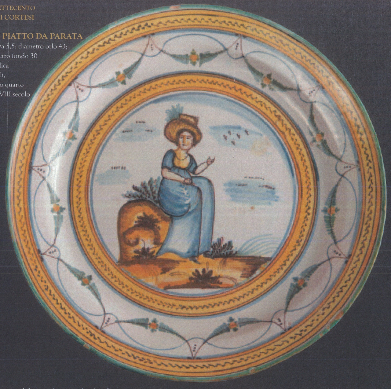 dama seduta su una roccia con motivi decorativi geometrici e vegetali (piatto da parata, opera isolata) - ambito napoletano (ultimo quarto XVIII)