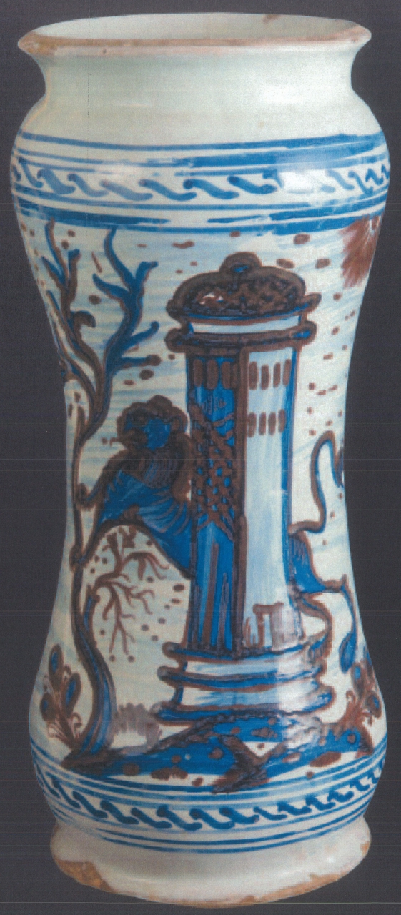 paesaggio con torre, leone e motivi decorativi geometrici e vegetali (alberello, opera isolata) - manifattura di Laterza (XVIII)