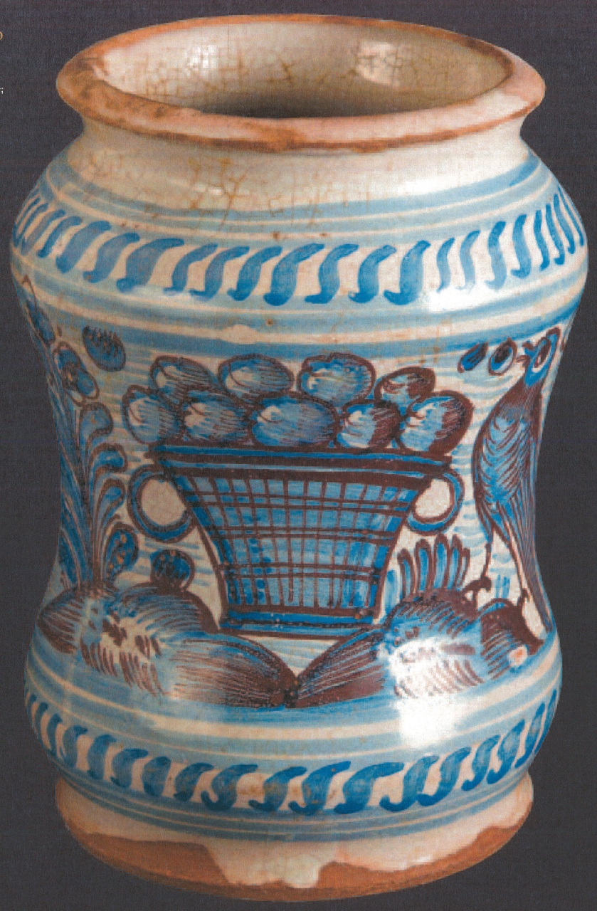 canestra di mele in paesaggio con uccello e motivi decorativi geometrici e vegetali (alberello, opera isolata) - manifattura di Laterza (XVIII)