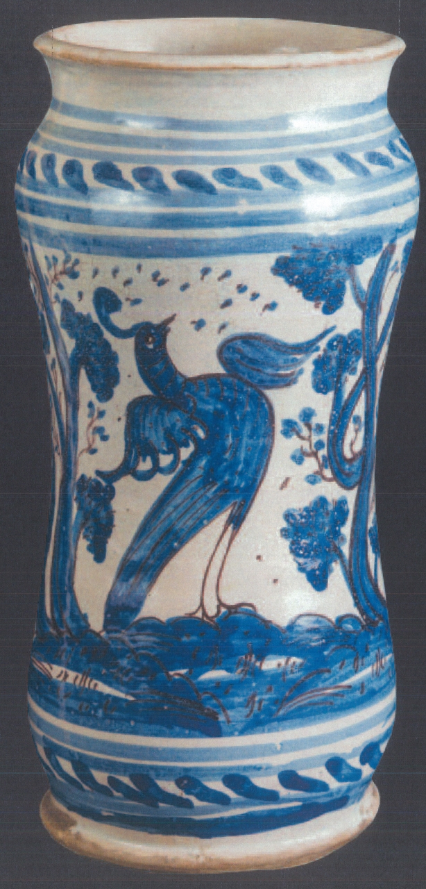 pavone in paesaggio con motivi decorativi geometrici e vegetali (alberello, opera isolata) - manifattura di Laterza (XVIII)