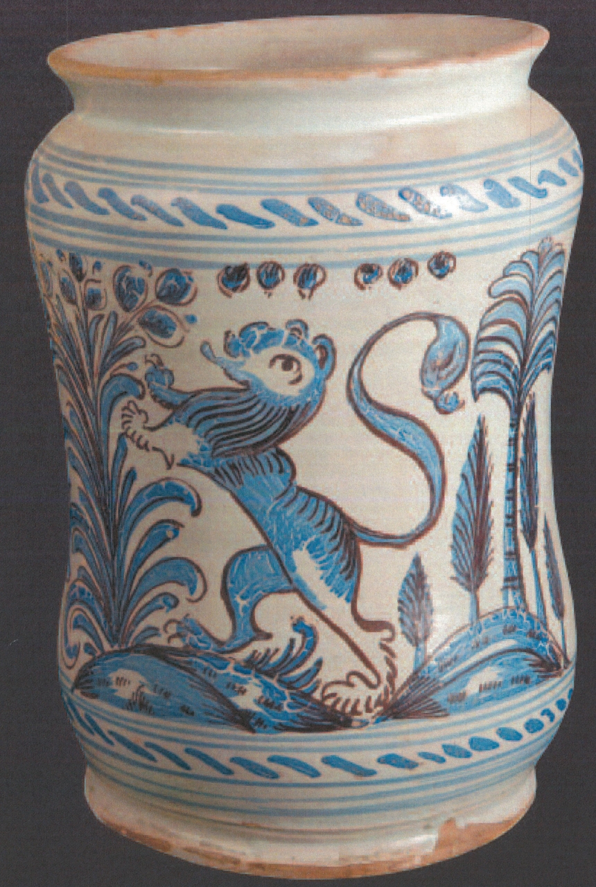 leone rampante in paesaggio con motivi decorativi geometrici e vegetali (alberello, opera isolata) - manifattura di Laterza (XVIII)