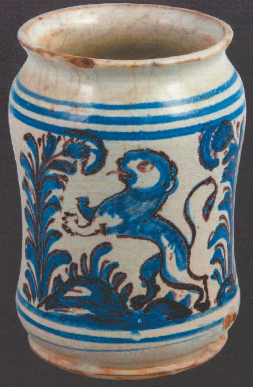 leone in paesaggio con motivi decorativi geometrici e vegetali (alberello, opera isolata) - manifattura di Laterza (metà XVIII)