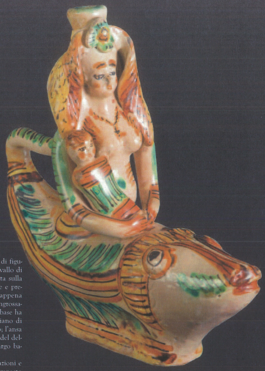 figura femminile con bambino a cavallo di un delfino (bottiglia, opera isolata) - produzione di Ariano (fine XVIII)