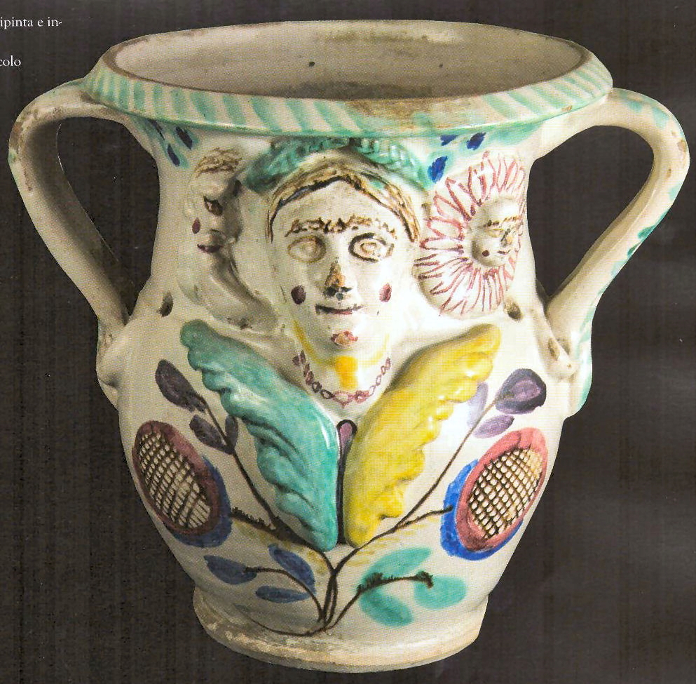 testa femminile con sole, luna e motivi decorativi geometrici e vegetali (portavaso, opera isolata) - ambito siciliano (inizio XX)