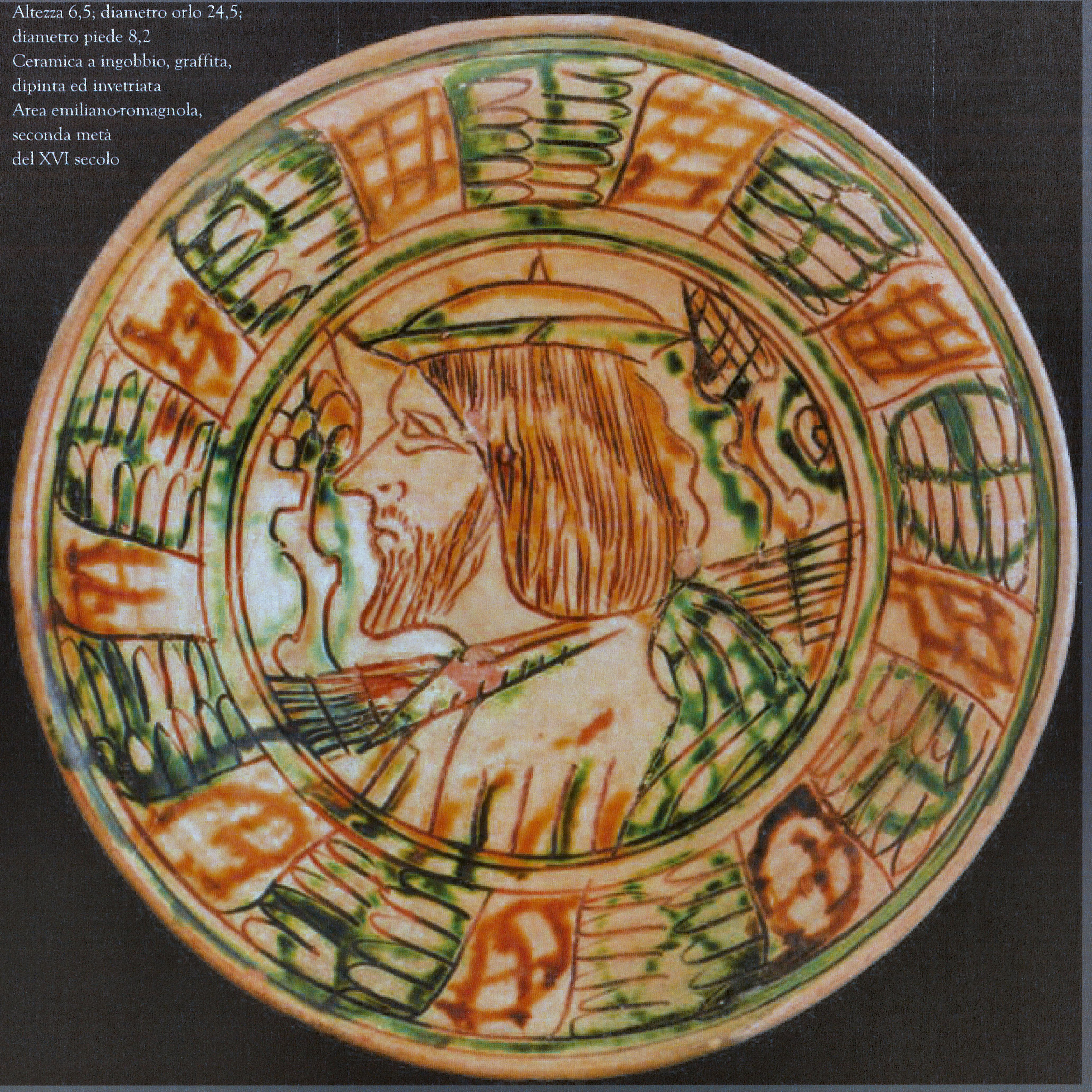 busto maschile con motivi decorativi geometrici e vegetali (catino) - ambito emiliano-romagnolo (seconda metà XVI)