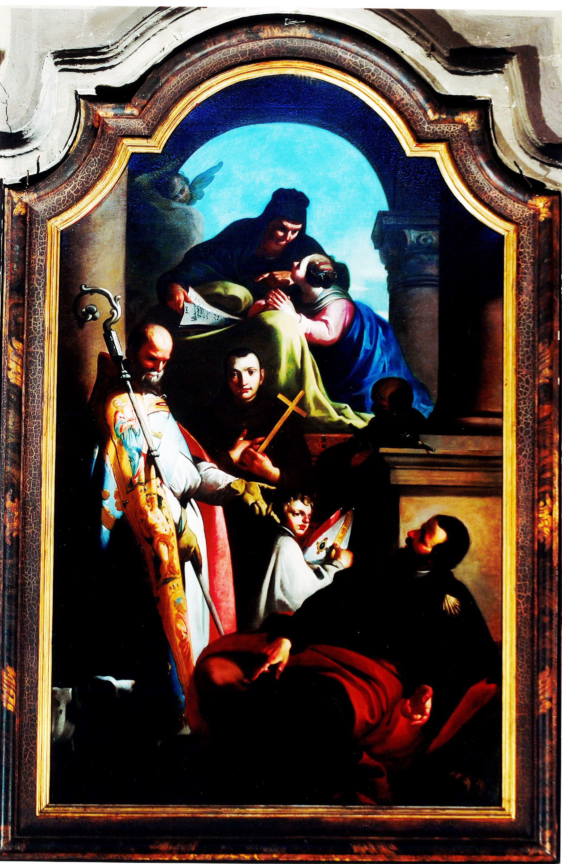 Educazione di Maria con S. Anna, S. Giuseppe, S. Ambrogio, S. Antonio da Padova, S. Rocco e un chierichetto (dipinto, opera isolata) di Cignaroli Giandomenico (attribuito) (seconda metà Sec. XVIII)