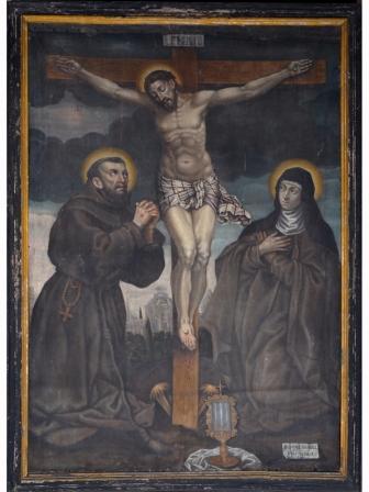 Crocefisso con San Francesco e Santa Chiara (dipinto) di Zambellino Giovanni (attribuito) (Sec. XVII)