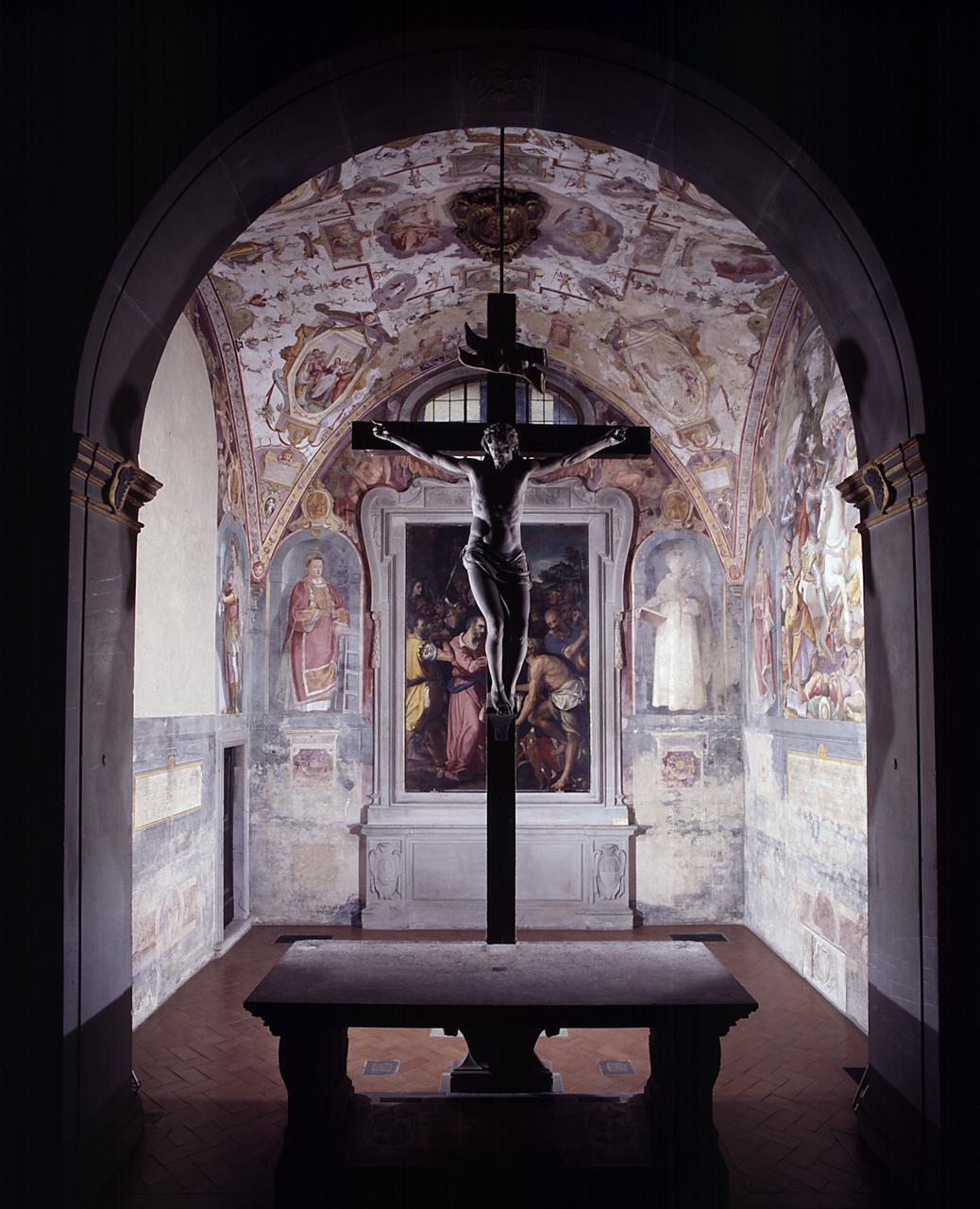 battaglia di Clavijo, Santi, episodi della vita di Santi, motivi decorativi a grottesche, figure allegoriche, episodi della vita di San Giacomo il Maggiore (dipinto, ciclo) di Allori Alessandro, Pieroni Alessandro (sec. XVI)