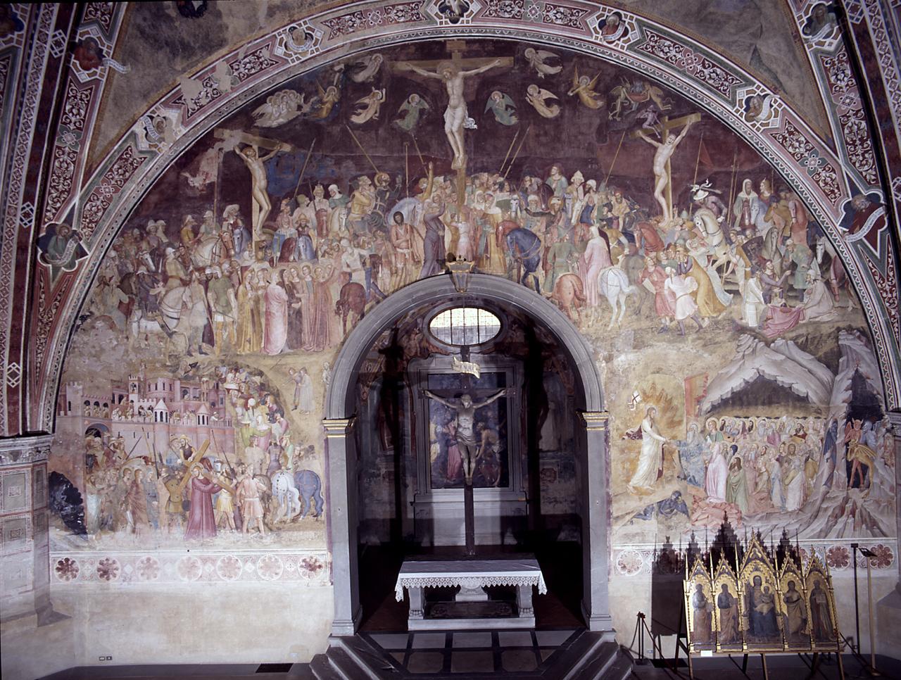 salita di Cristo al Monte Calvario, crocifissione, discesa di Cristo al limbo (dipinto) di Bonaiuti Andrea detto Andrea da Firenze (sec. XIV)