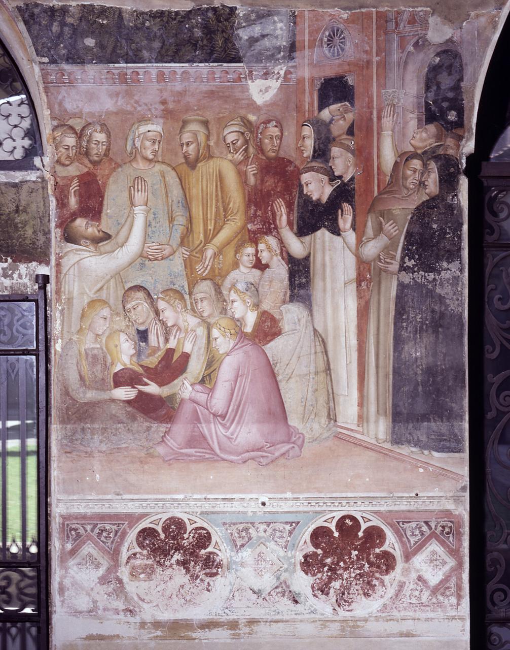 San Pietro martire guarisce la paralitica Agata (dipinto) di Bonaiuti Andrea detto Andrea da Firenze (sec. XIV)
