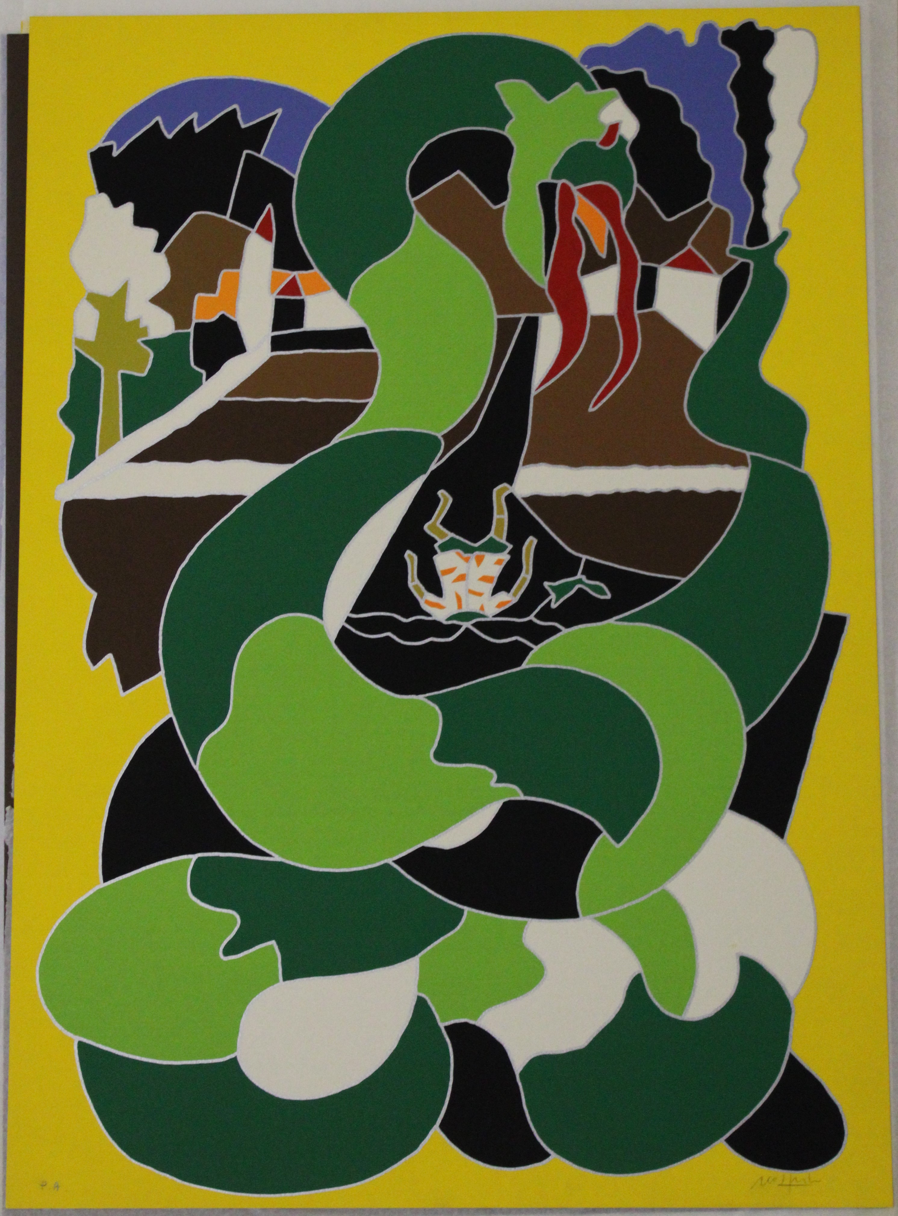 Pinocchio incontra un terribile serpente, Le Avventure di Pinocchio (stampa, elemento d'insieme) di Nespolo Ugo (XX)