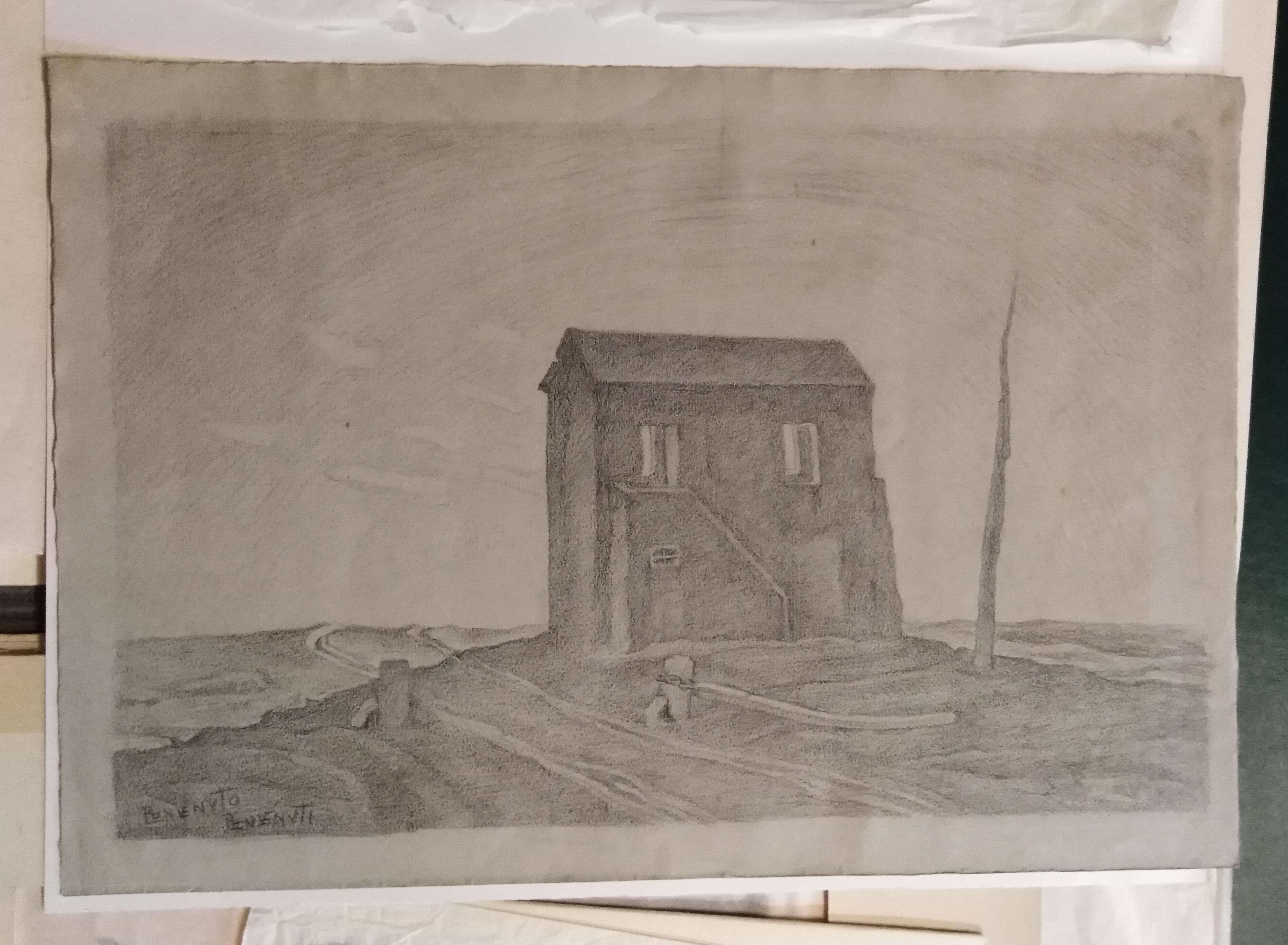 La casa solitaria, paesaggio con edificio (disegno) di Benvenuti Benvenuto (XX)