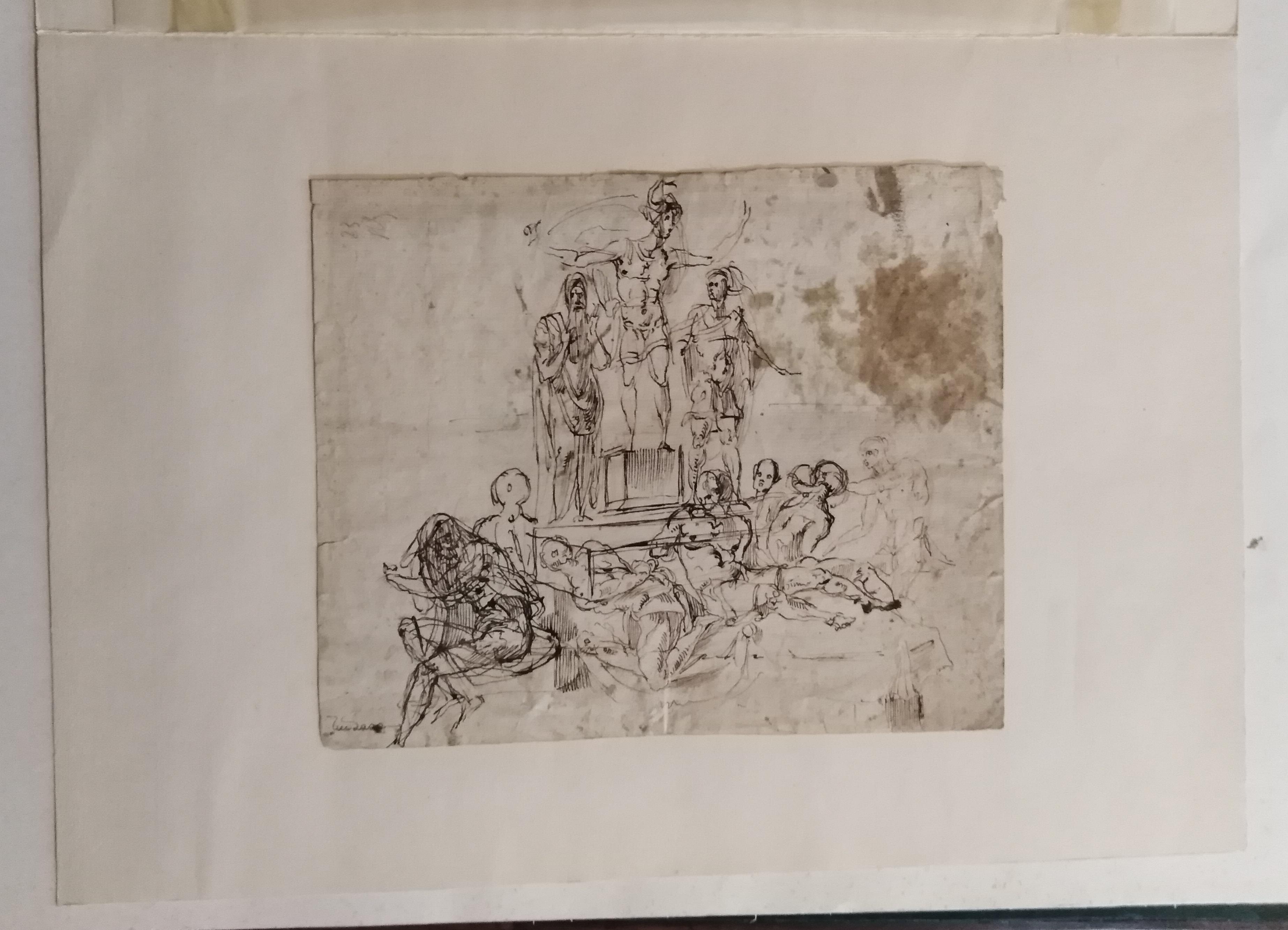 schizzo di monumento con schiavi incatenati (disegno) - ambito toscano (ultimo quarto XVI)
