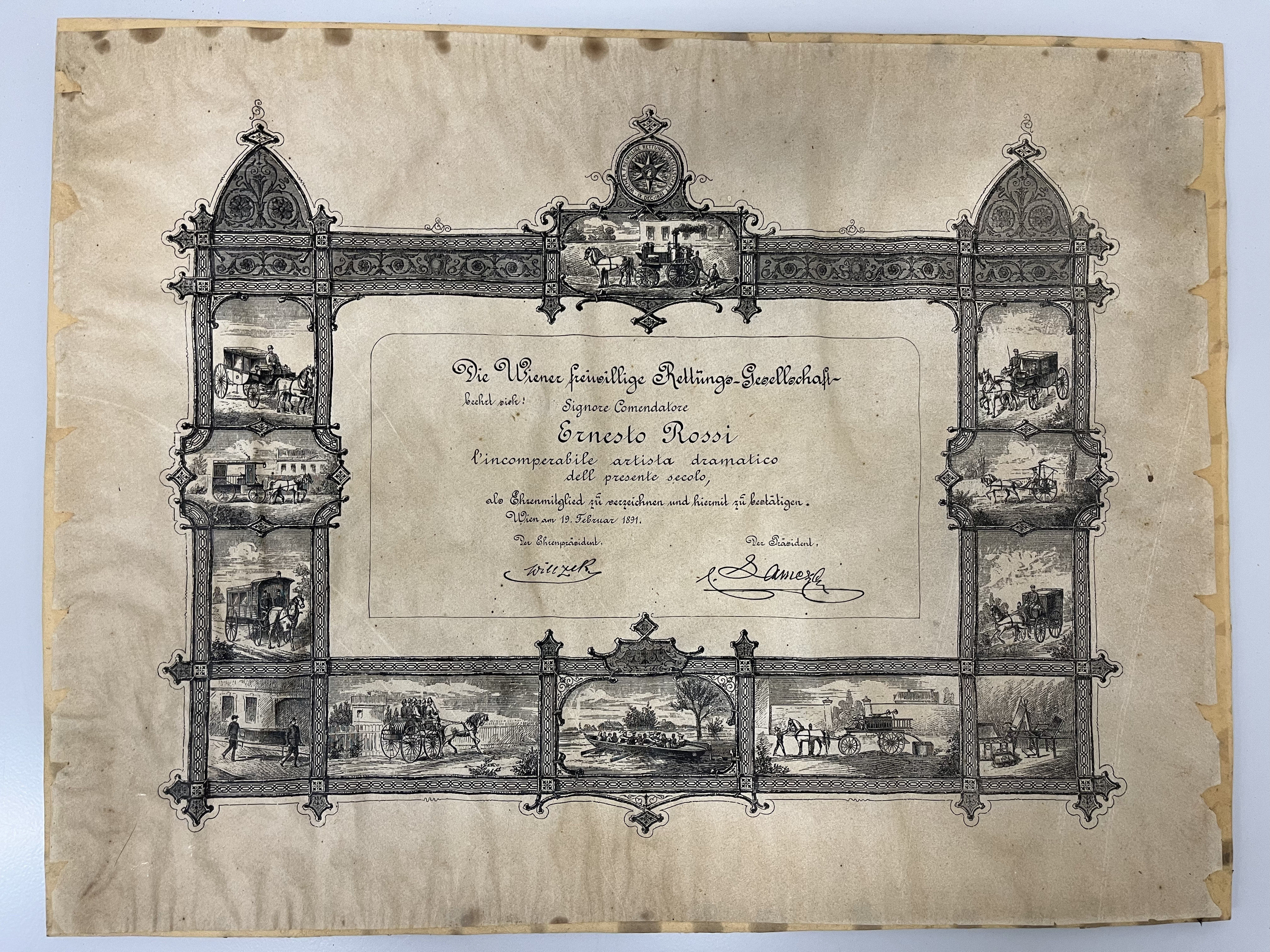 diploma dei pompieri di Vienna a Ernesto Rossi (stampa) - ambito viennese (XIX)
