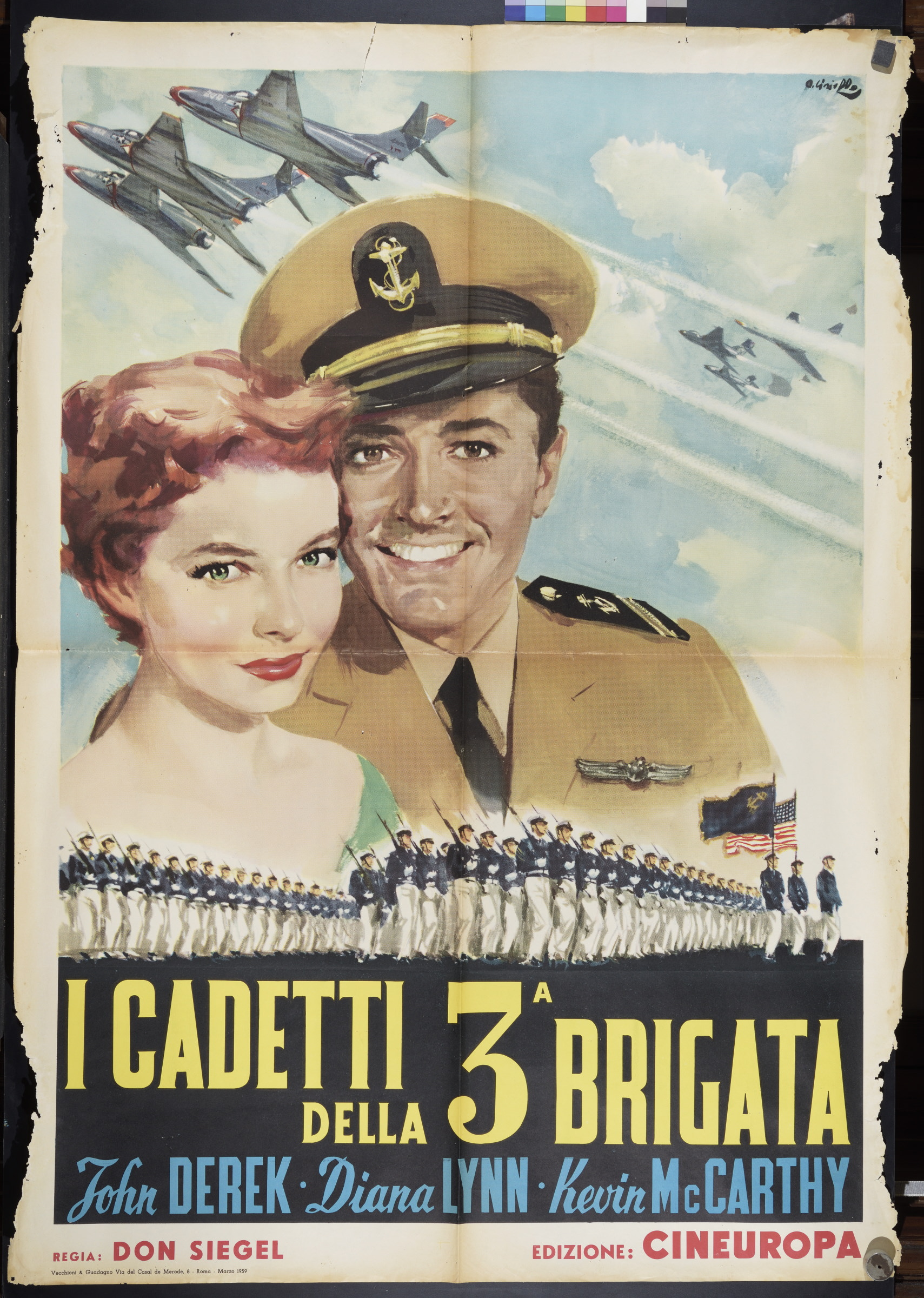 ritratto di attori, soldati in marcia e aerei da combattimento (manifesto) di Ciriello Averardo (XX)