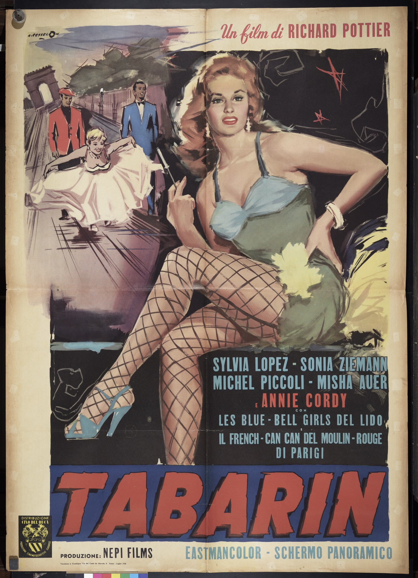 ritratto di attrice, paesaggio urbano con alberi e figure femminile e maschili (manifesto) di Cesselon Angelo (XX)