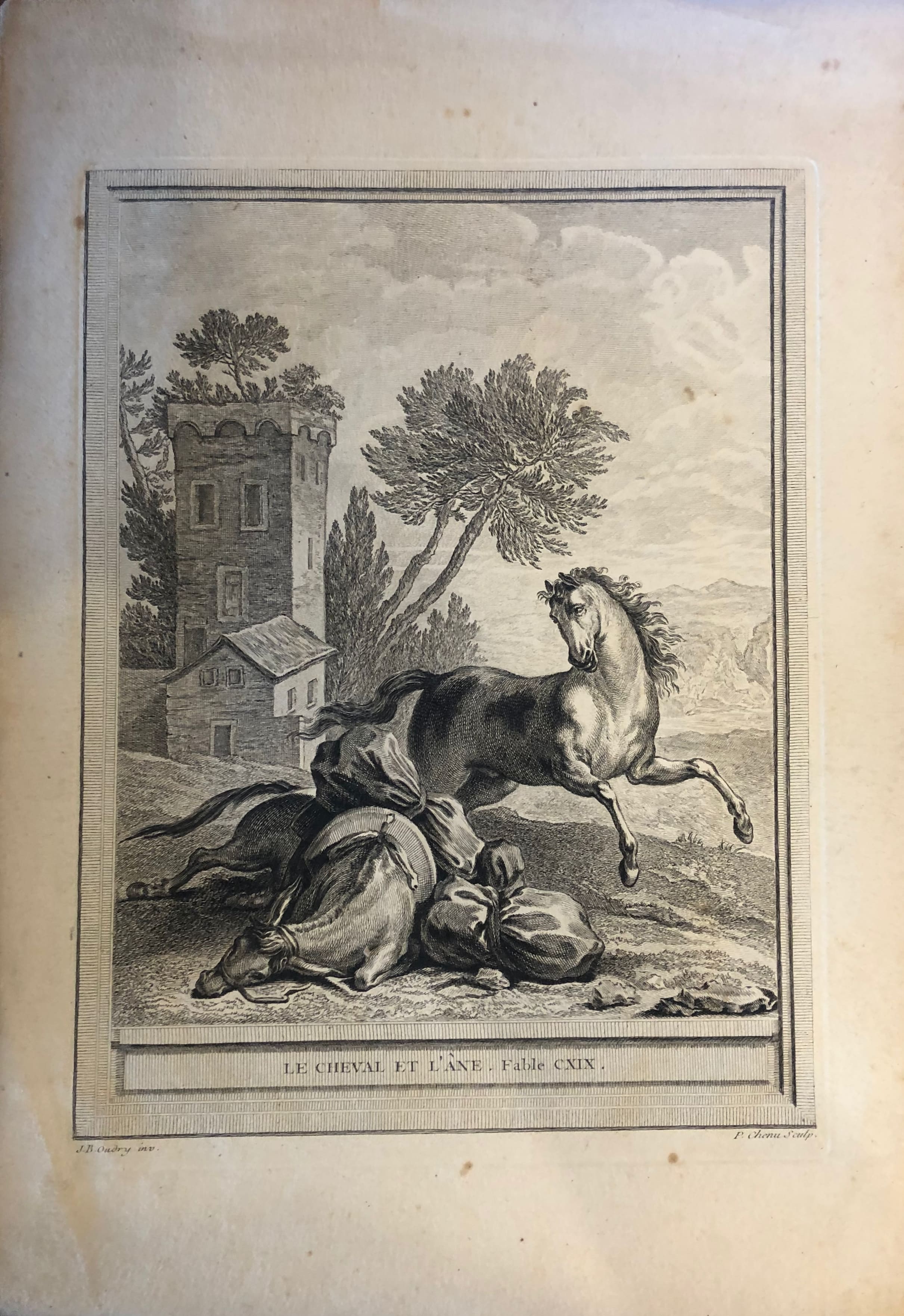 Le cheval et l’âne, Il cavallo e l'asino (stampa) di Chenu Pierre - ambito francese (sec. XVIII)