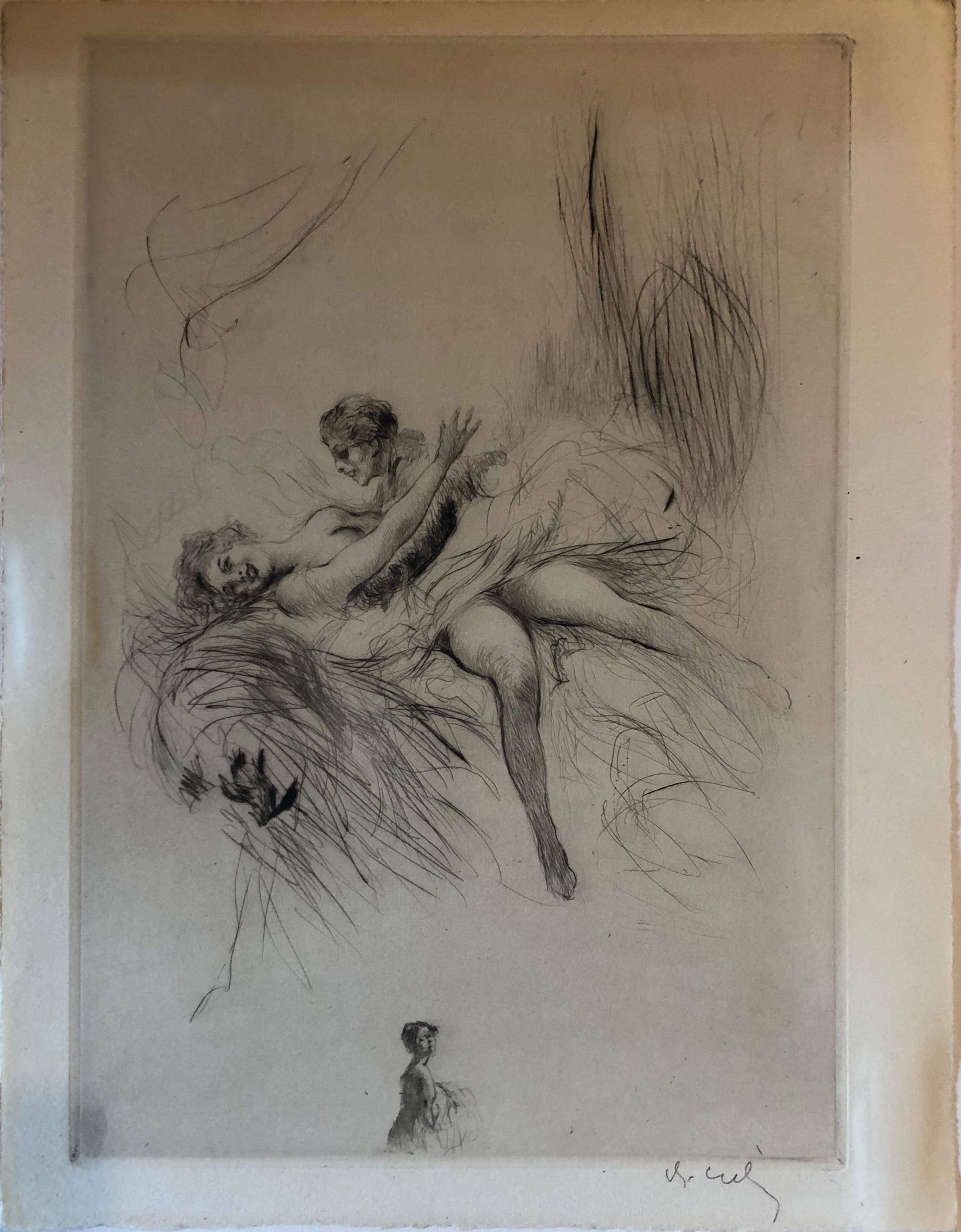 Donna sdraiata con uomo (?) e piccolo studio di donna in basso al centro (stampa) di Le Riche Henry - ambito francese (sec. XX)