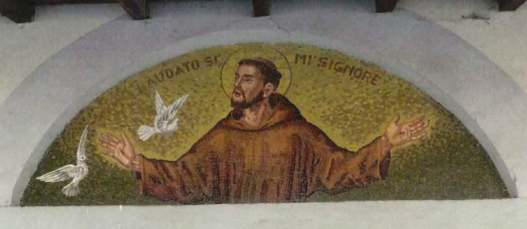 Francesco d'Assisi predica agli uccelli (sovrapporta - a lunetta, opera isolata) di Bernasconi ditta (attribuito) (XX)