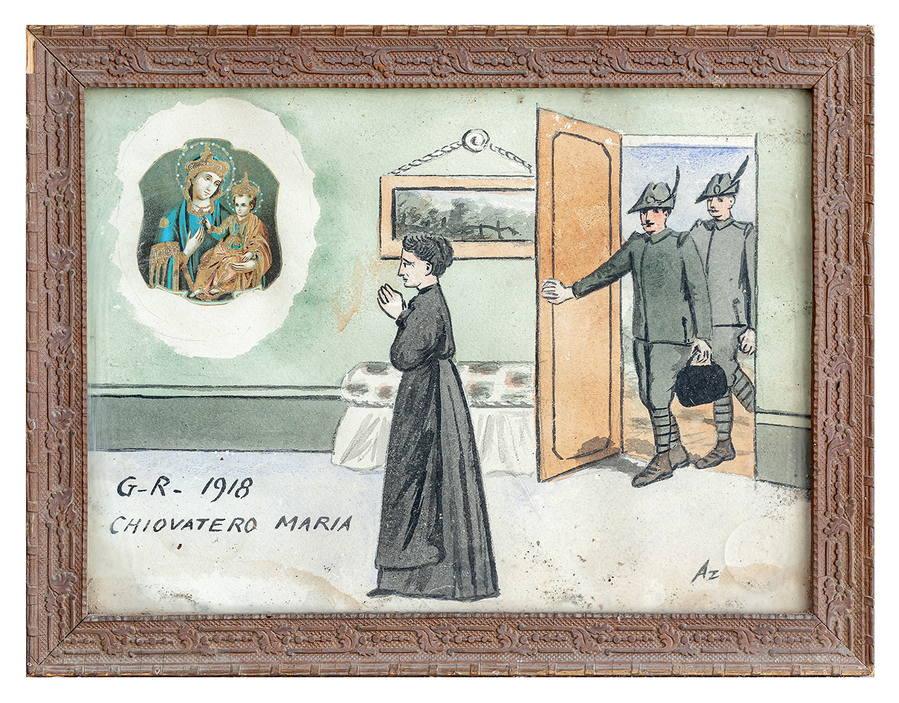 Intercessione della Madonna della Consolata per il rientro dei soldati dalla guerra (ex voto, opera isolata) di Azeglio (anni dieci XX)