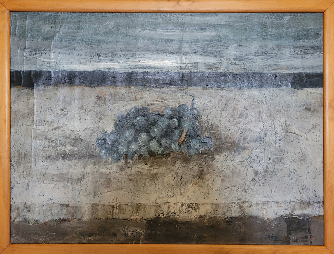 Uva su tavolo con mare, natura morta d'uva con il mare sullo sfondo (dipinto)