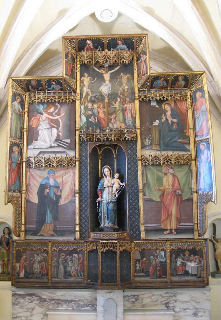 Retablo di sant'antonio di padova, miracoli di sant'antonio di padova con annunciazione, crocifissione di cristo, sant'antonio abate, sant'antioco e santi apostoli (retablo)