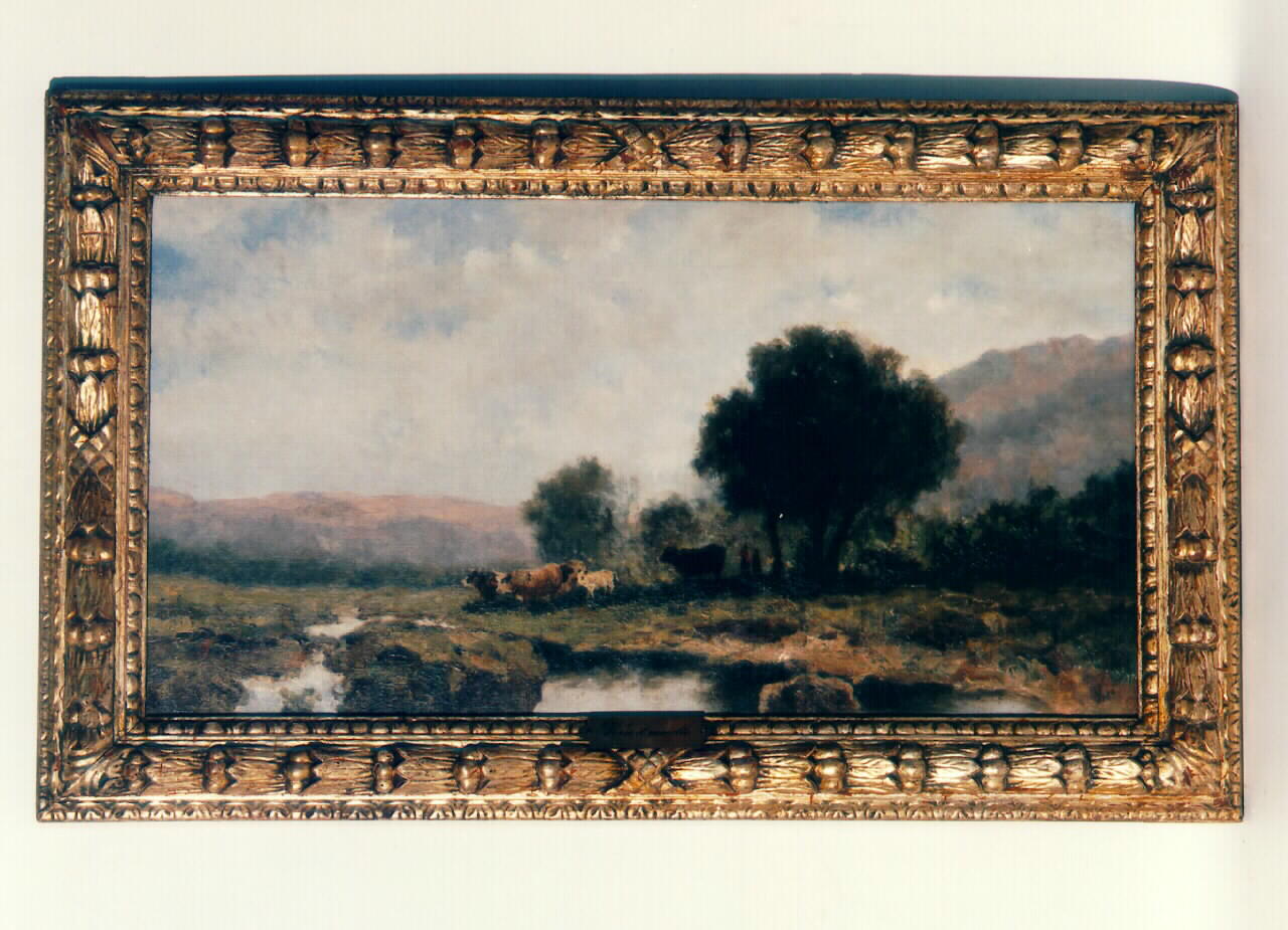 verso il ruscello, paesaggio con alberi e animali (dipinto) - ambito siciliano (Fine/inizio secc. XIX/ XX)