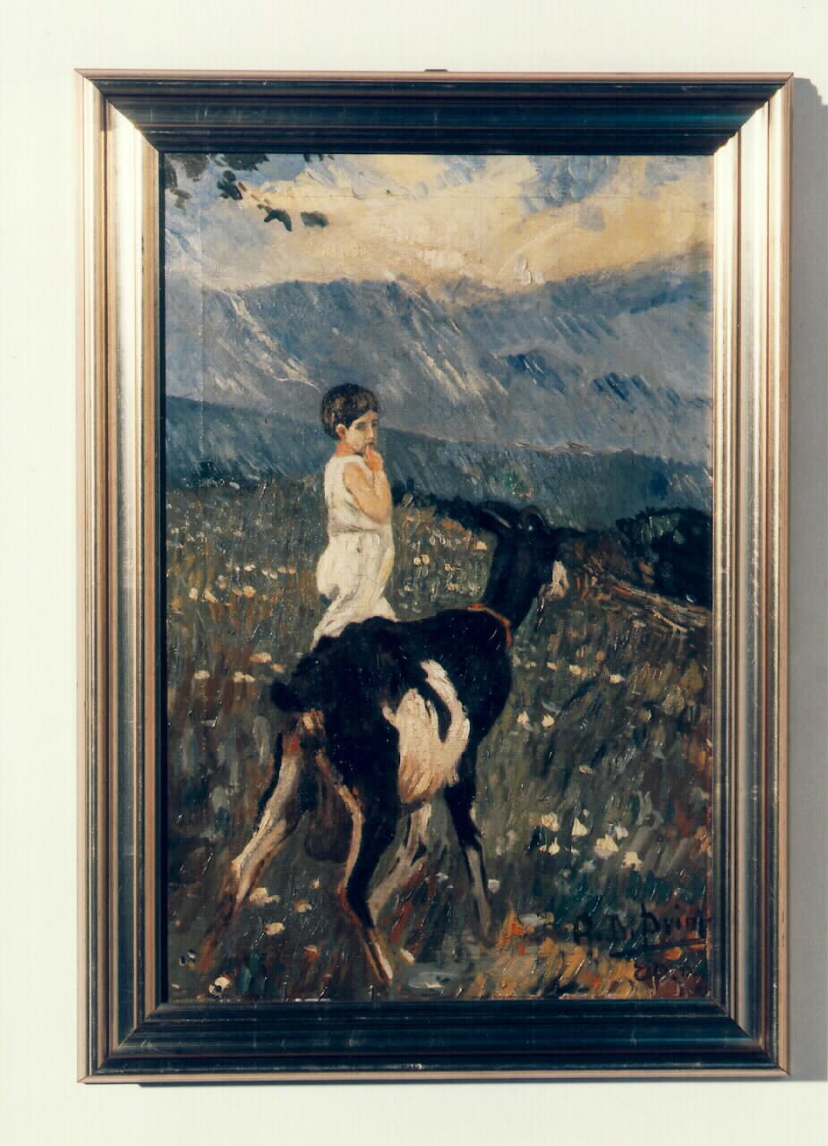 bambino e capra sul prato (dipinto) - ambito siciliano (primo quarto sec. XX)