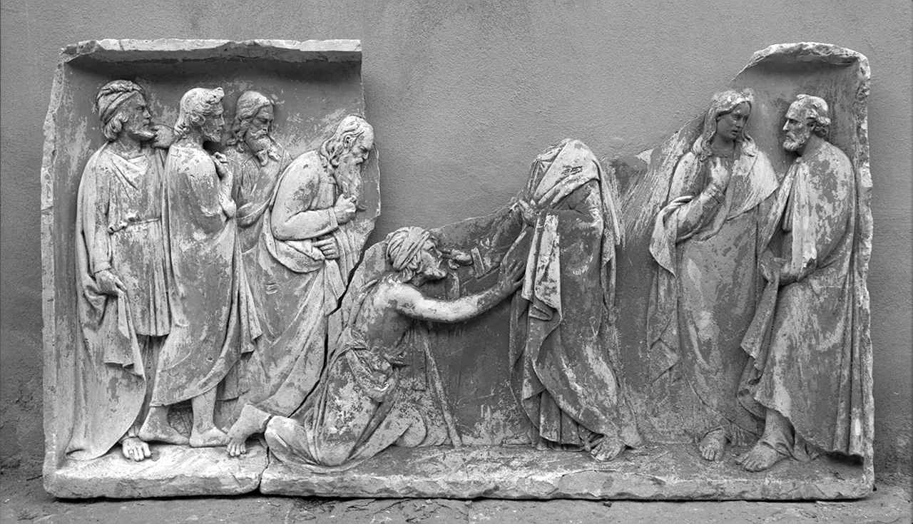 Cristo guarisce il cieco di Betsaida (rilievo) di Costoli Aristodemo (cerchia) (sec. XIX)