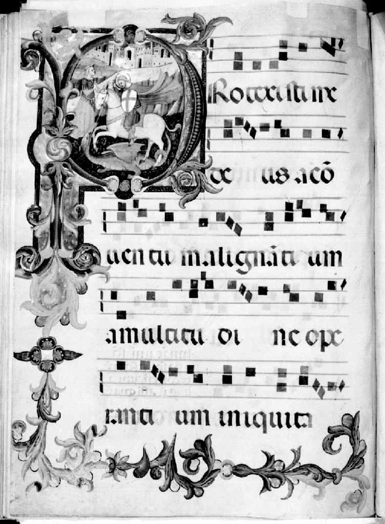 San Giorgio e il drago, lettera P (miniatura) di Simone Camaldolese (e aiuti) (sec. XIV)