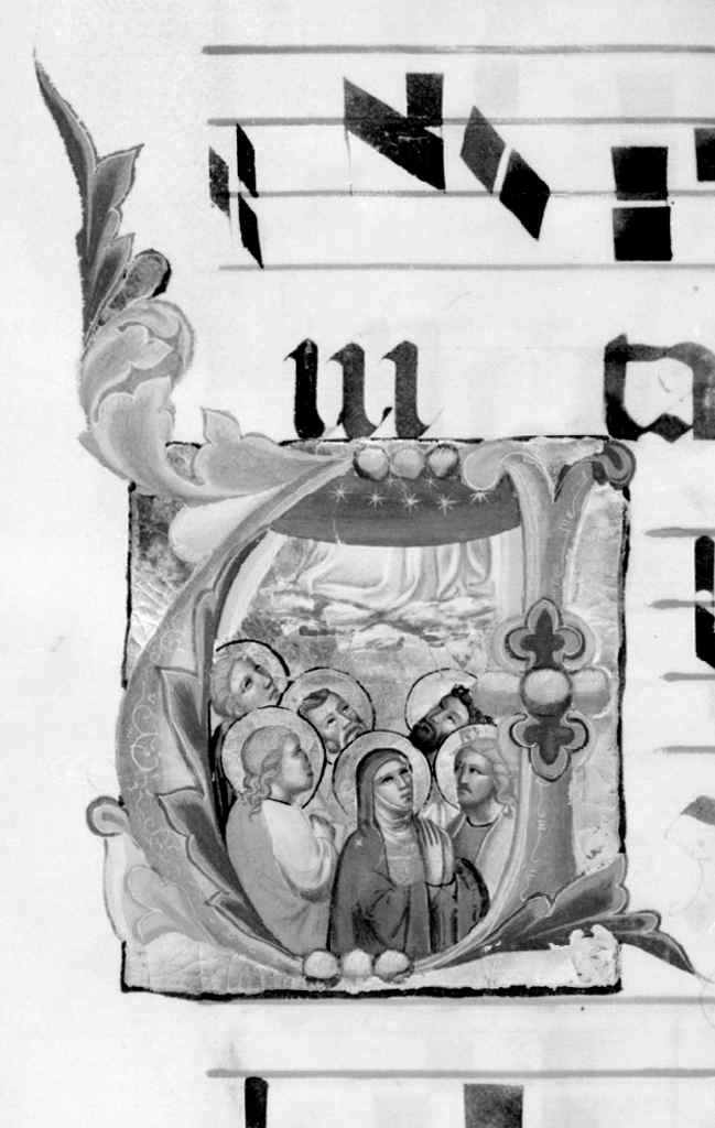 ascensione di Cristo, lettera V (miniatura) di Simone Camaldolese (cerchia) (sec. XIV)