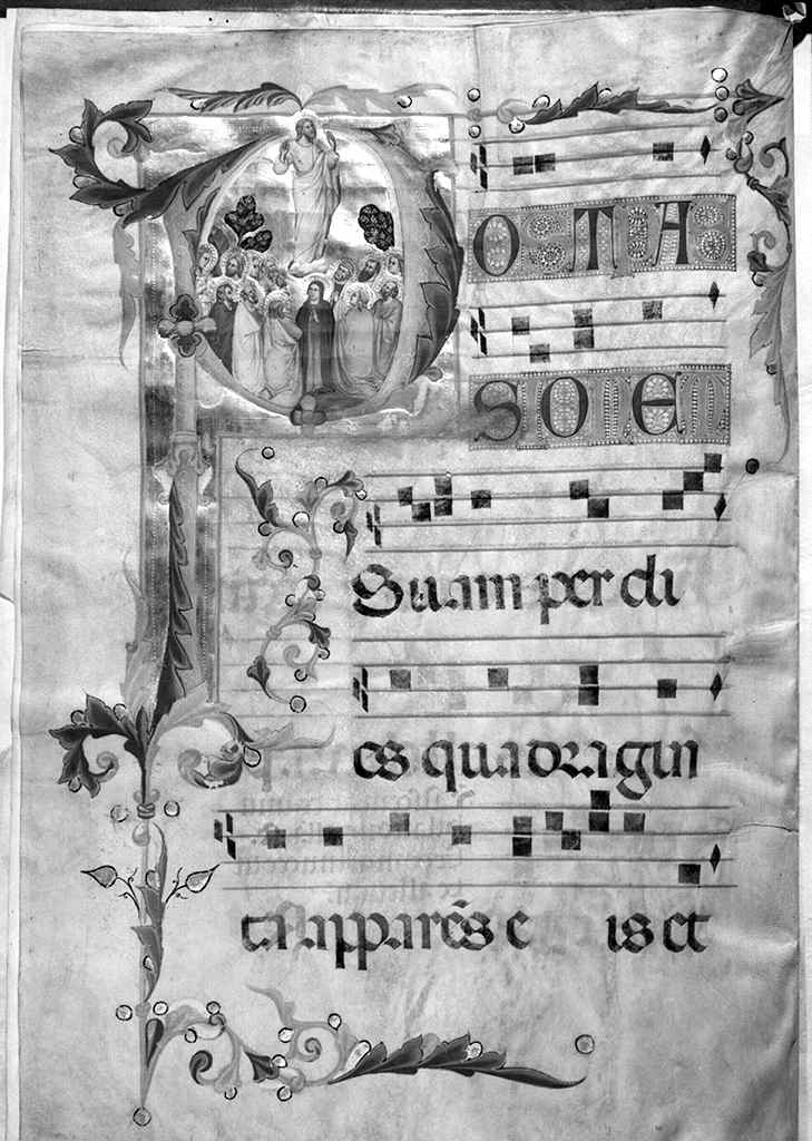 ascensione di Cristo, lettera P (miniatura) di Simone Camaldolese (cerchia) (sec. XIV)