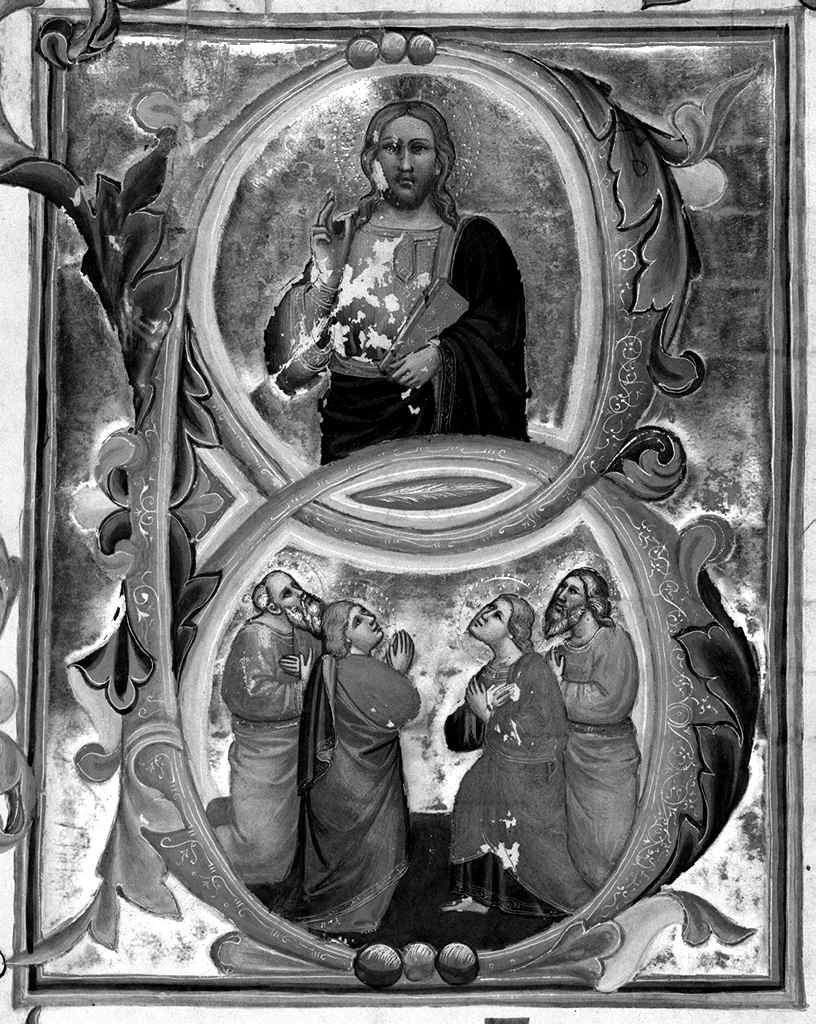 Cristo benedicente e Santi in preghiera, lettera B (miniatura) di Simone Camaldolese (e aiuti) (sec. XIV, sec. XIV)