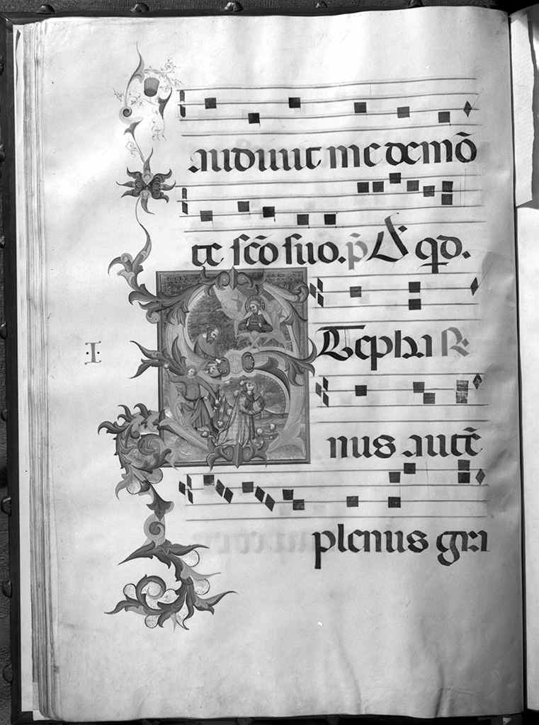 lapidazione di Santo Stefano, lettera S (miniatura) di Simone Camaldolese (e aiuti) (sec. XIV)