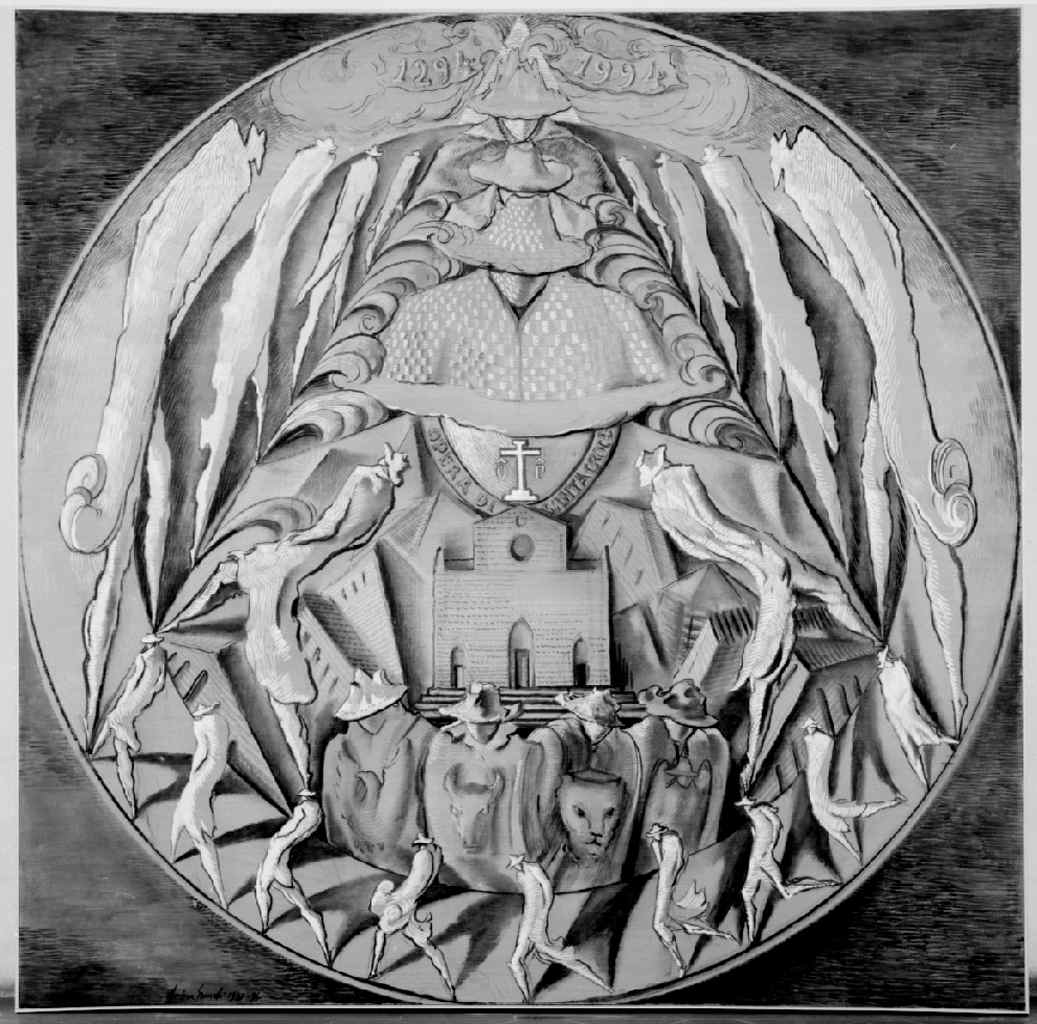 Il lungo viaggio dell'Opera, facciata della chiesa di S. Croce a Firenze e simboli dei Quattro Evangelisti (dipinto) di Granchi Andrea (sec. XX)