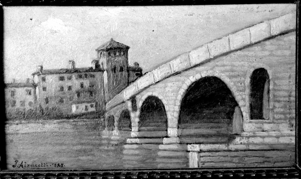 veduta del ponte della Pietra a Verona (dipinto) di Alzaretti J (sec. XX)