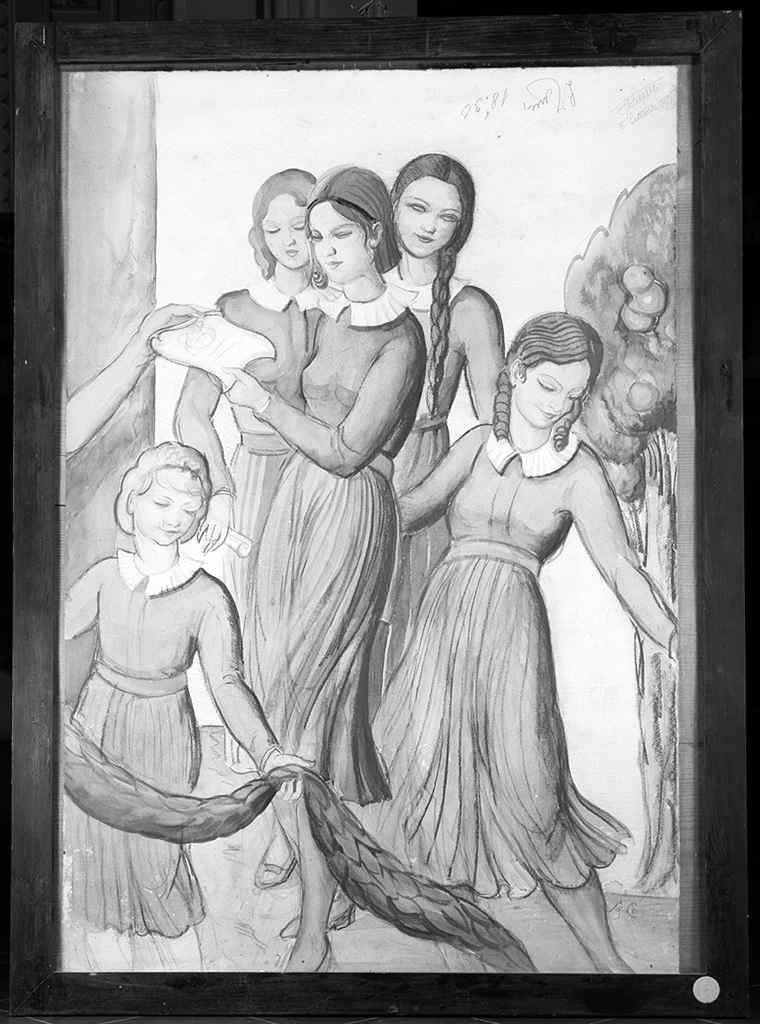 collegiali della villa del Poggio Imperiale a Firenze onorano una loro compagna morta (dipinto) - ambito toscano (primo quarto sec. XX)