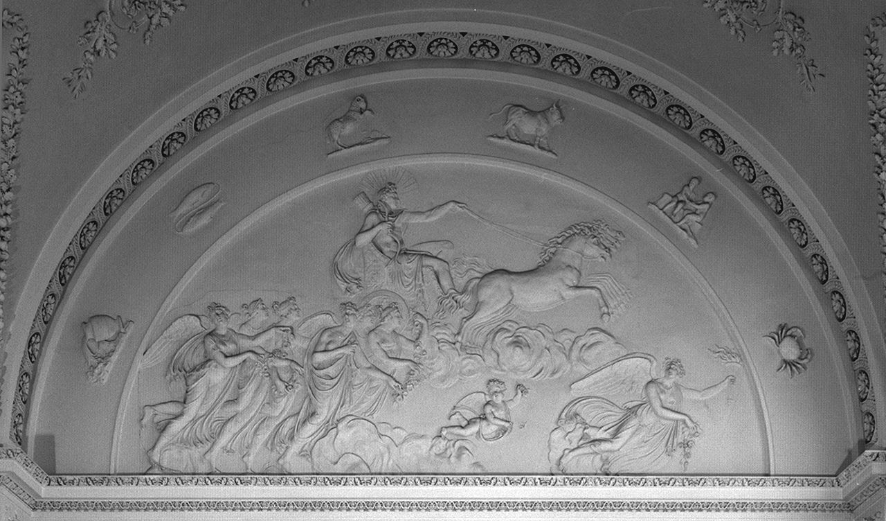 quattro stagioni/ Apollo sul carro/ allegoria della Notte/ allegoria del Tempo (lunetta, serie) di Cacialli Giuseppe, Spedulo Giovanni, Marinelli Luigi (sec. XIX)