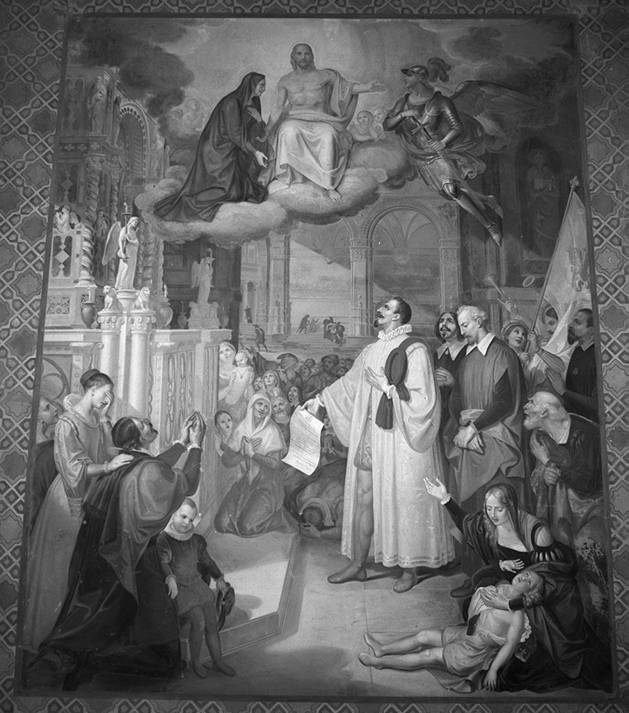 voto dei Fiorentini alla Madonna per la cessazione della peste del 1633 e incoronazione di Maria Vergine tra santi e profeti (dipinto, ciclo) di Martellini Gasparo (sec. XIX)