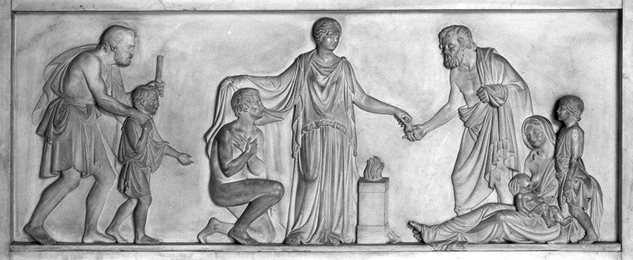 allegoria della carità e geni funerari che sostengono un'epigrafe mortuaria (monumento funebre) di Pampaloni Luigi (sec. XIX)