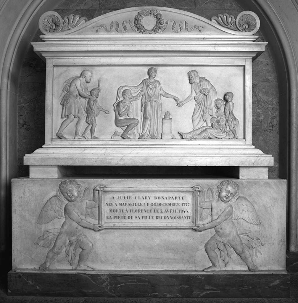 allegoria della carità e geni funerari che sostengono un'epigrafe mortuaria (monumento funebre) di Pampaloni Luigi (sec. XIX)