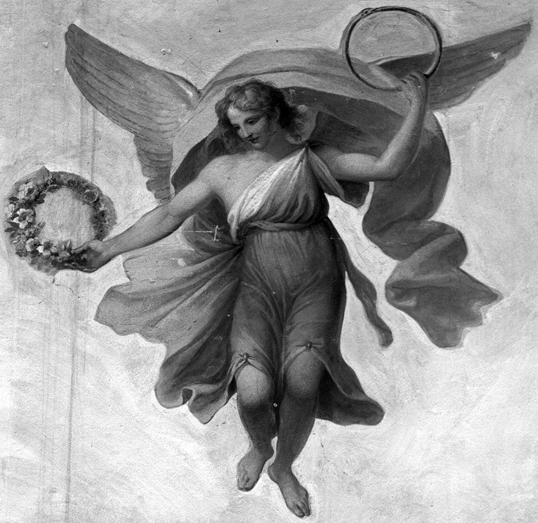 angelo con simboli di eternità e gloria: anello di Saturno e corona di fiori (dipinto) - ambito toscano (sec. XIX)