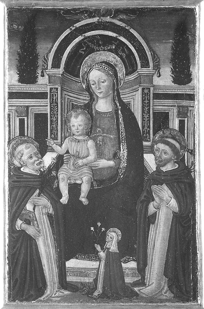 Madonna con Bambino in trono tra San Domenico, San Pietro martire e Santa Caterina da Siena (dipinto) - ambito fiorentino (seconda metà sec. XV)